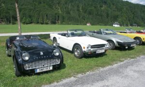 Triumph TR Cabrios parken auf einer Wiese
